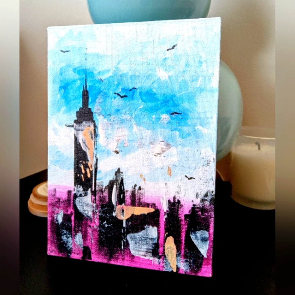New York Cityscape – Original Acrylic Painting 5x7 | Skyline Art | Mini Canvas